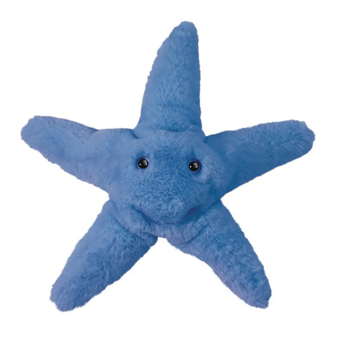 Image shows a stuffed blue starfish with blue plastic eyes