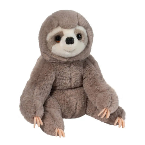 Image shows a soft looking stuffed sloth. It is sitting down.