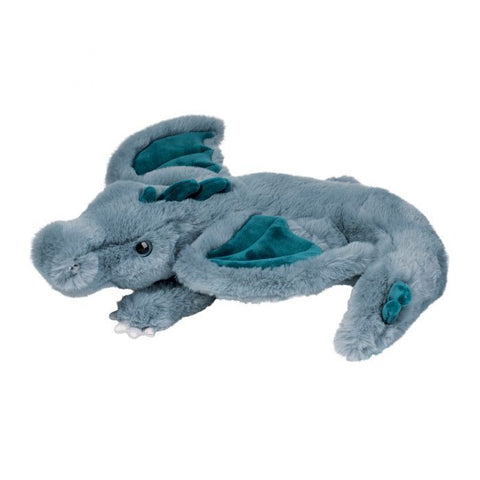 Image shows a soft looking stuffed blue dragon. It is laying down.