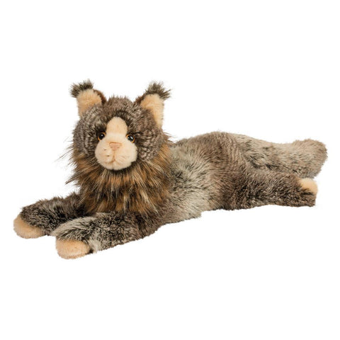 Image shows a floppy stuffed Maine Coon cat. It is brown with cream colored ears and paws.