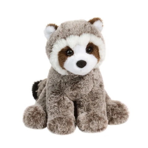 Image shows a soft looking stuffed raccoon. It is sitting down.