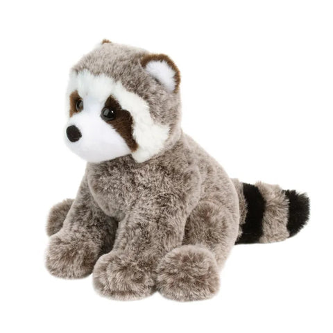 Image shows a side angle view of the stuffed raccoon, showing its striped tail