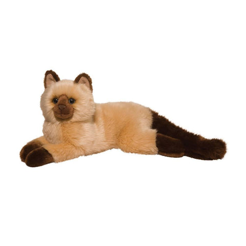 Image shows a floppy stuffed Himalayan Cat. Its body is tan while its ears, tail, and feet are dark brown.