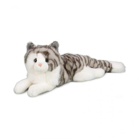 Image shows a floppy stuffed cat. It is a grey tabby with white parts.
