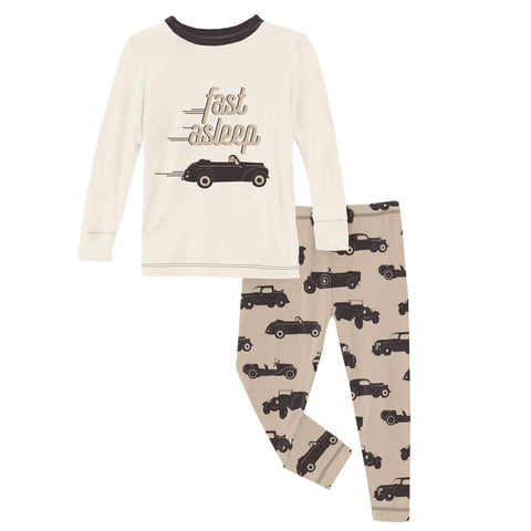 2 Piece Pajama Set (Long Sleeve) - Burlap Vintage Cars with Graphic Top