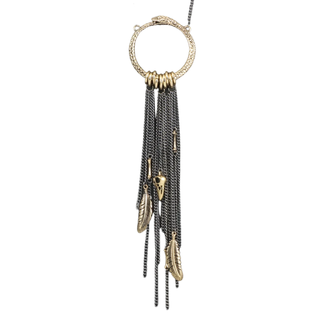 Jewelry - Ouroboros Necklace + Raven Skull + Feather (Bronze)