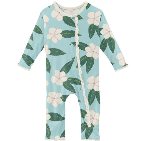 Coverall with Muffin Ruffles (Snaps/Zipper) - Summer Sky Plumeria