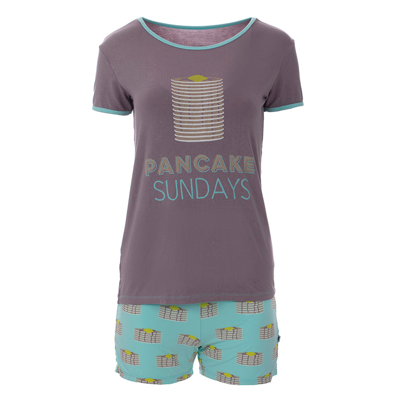 Women's 2 Piece Pajama Set with Shorts (Short Sleeve) - Summer Sky Pancakes