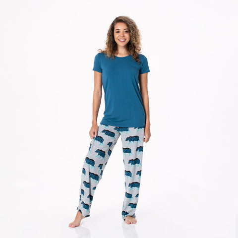 Last One - Size 3XL: Women's Loosey Goosey Pajama Set (Short Sleeve) - Heather Mist Night Sky Bear