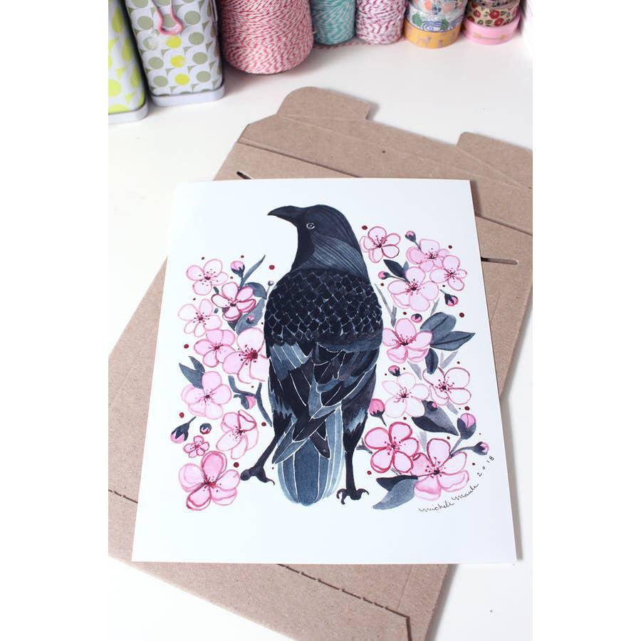 Art Print - Crow With Cherry Blossoms 8"x10"