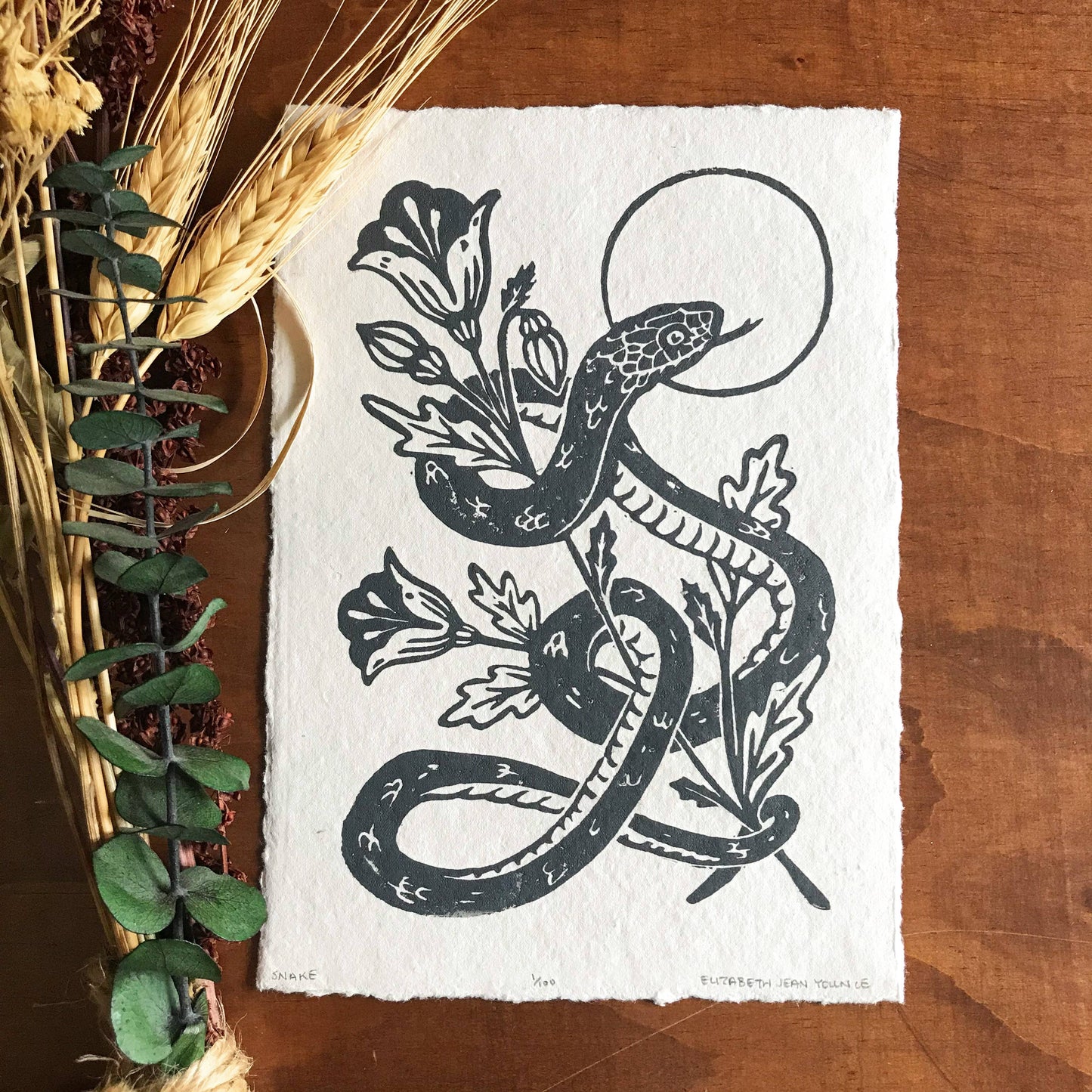 Print - Snake & Poppies Handprinted Linocut on Handmade Paper 5x7"