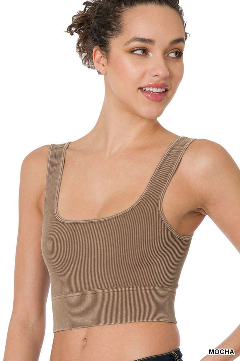 Ribbed Crop Tank Square Neck - Mocha Acid Wash
