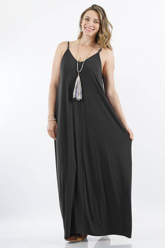 Maxi Dress (Plus Size) - Black V-Neck