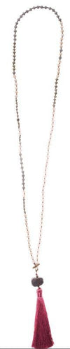 Necklace - Hand-Knotted Stone, Crystal & Tassel - Mauve