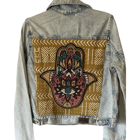 Denim Jacket - Hand Beaded Hamsa w/African Mud Cloth