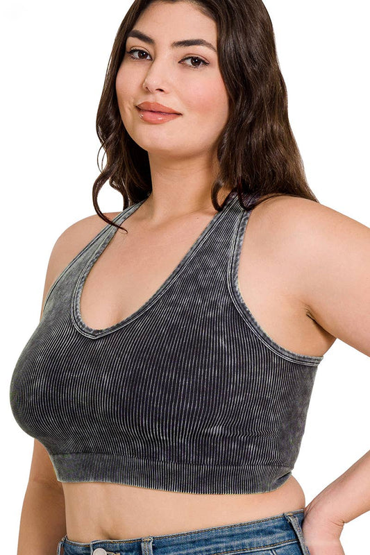 Ribbed Crop Racerback Tank (Plus Size) - Black Acid Wash