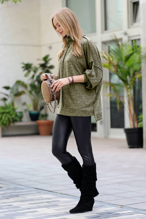 Hacci Mock Neck Sweater(Plus Size) - Dark Olive