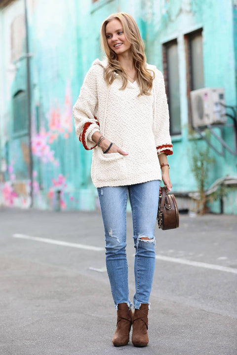 Popcorn Hooded Sweater - Cream With Rust Stripe