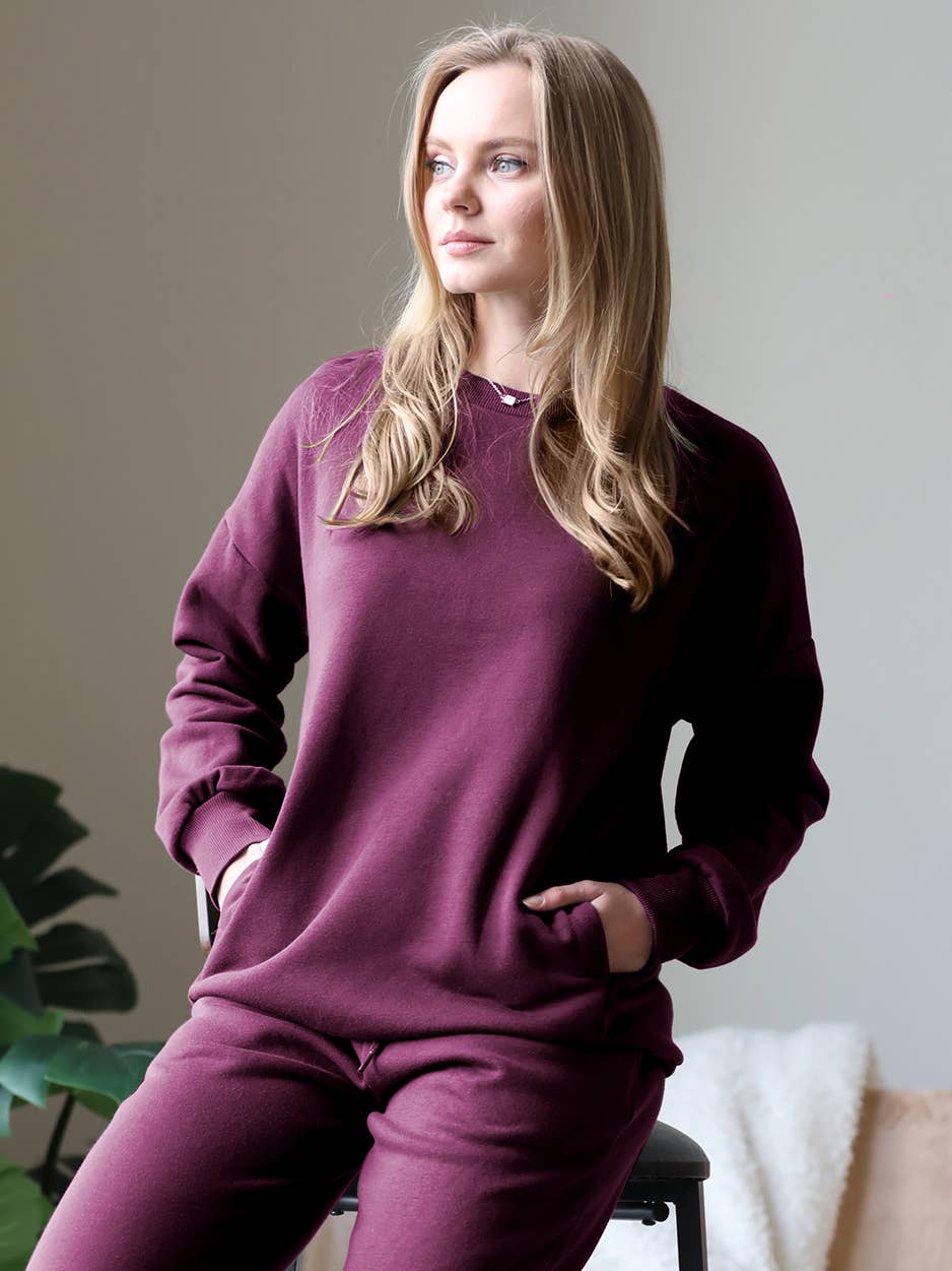 Sweatshirt (Crew Neck) - Dark Plum With Side Pockets