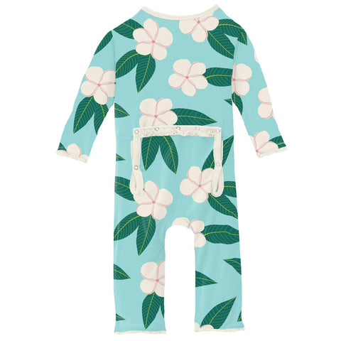 Coverall with Muffin Ruffles (Snaps/Zipper) - Summer Sky Plumeria