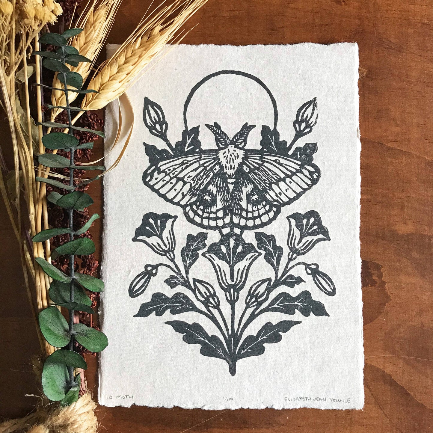 Print - IO Moth & Poppies Handprinted Linocut on Handmade Paper 5x7"