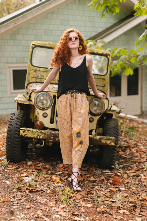Milk & Honey Boho Linen Cropped Pants - Bee Sunflower