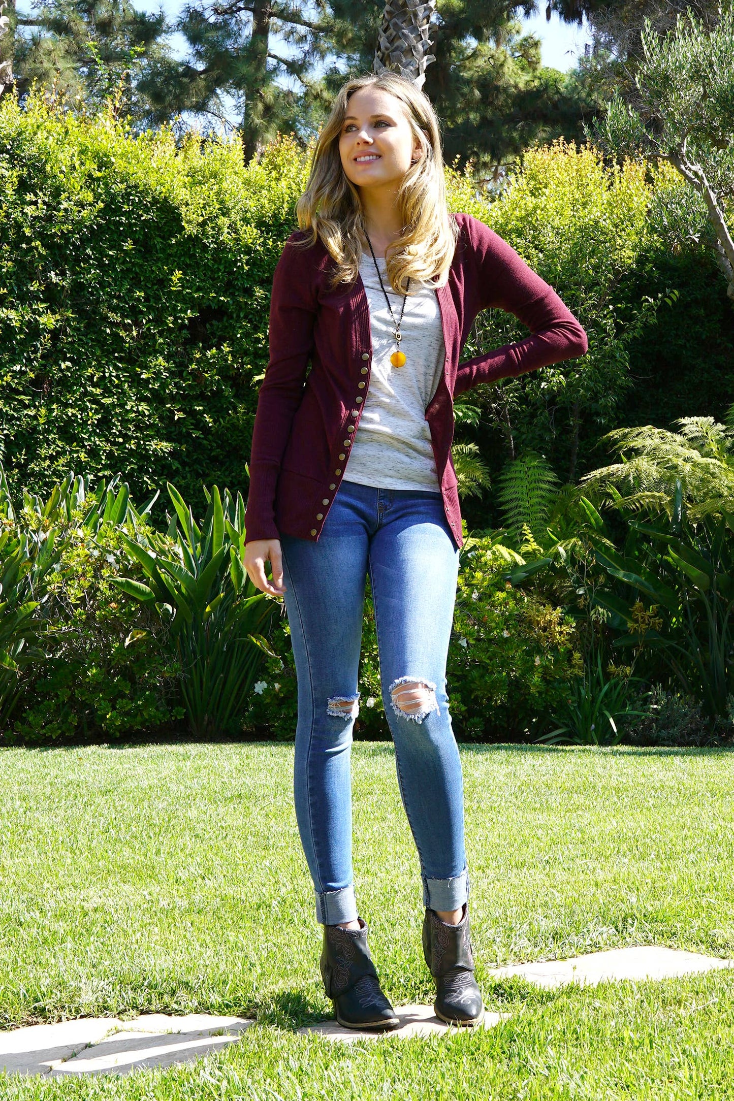 Snap Button Sweater Cardigan - Ribbed Dark Burgundy