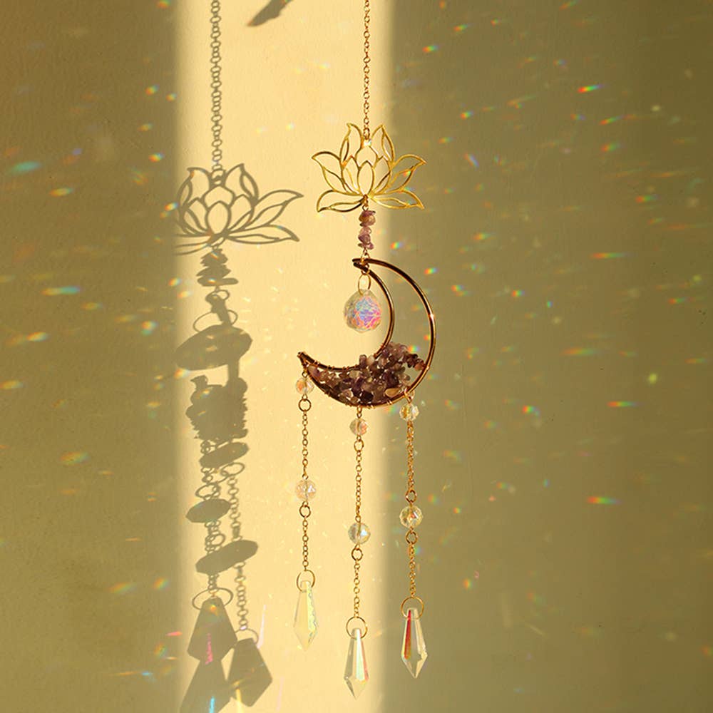 Suncatcher - Lotus Crescent Moon Crystal Prism (Amethyst)