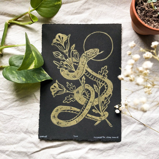 Print - Snake & Poppies Handprinted Linocut on Handmade Paper 5x7"