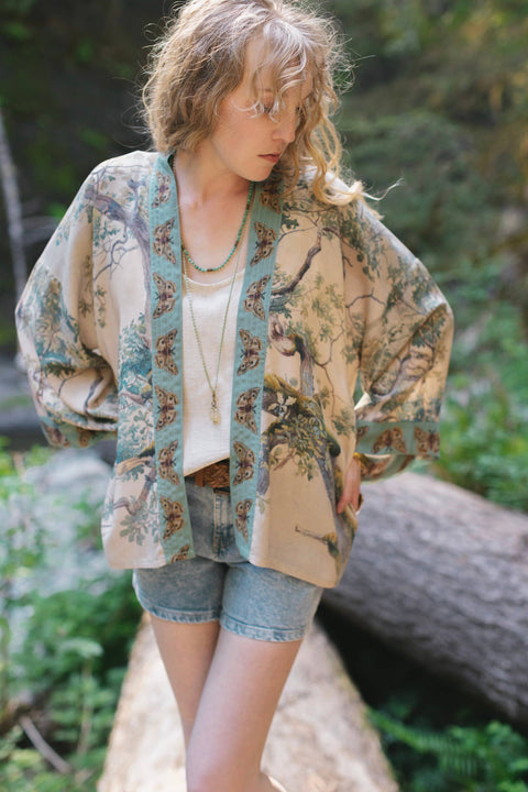 Cropped Bamboo Kimono Cardigan - Earth and Sky Cropped with Tree Print