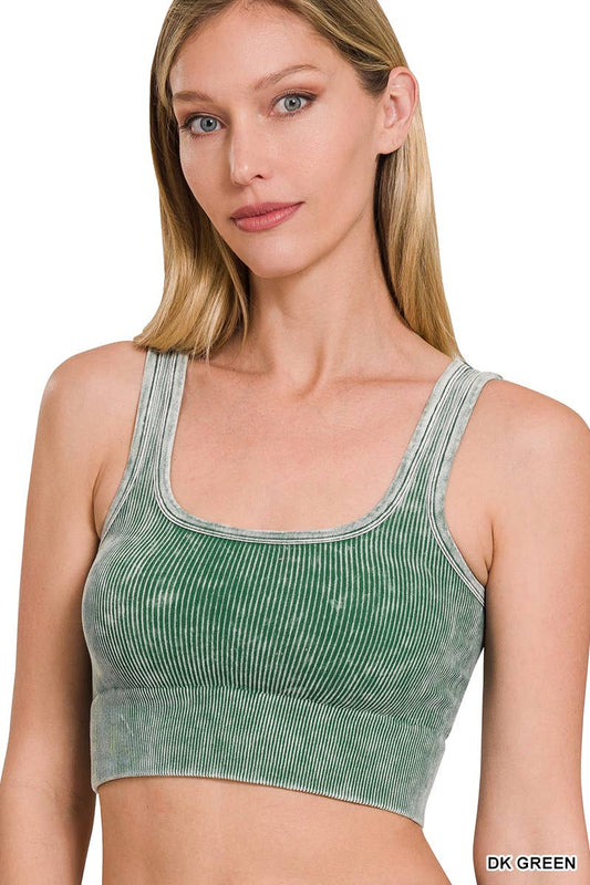 Ribbed Crop Tank Square Neck - Dark Green Acid Wash