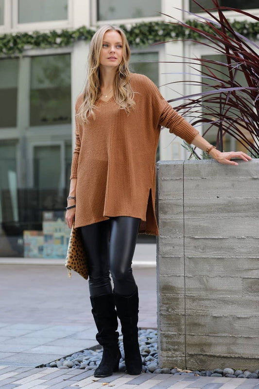 Thermal Waffle Sweater V-Neck - Deep Camel
