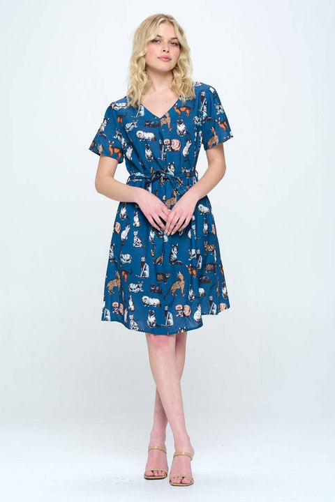 Dress - All Over Cat Blue With Pocket
