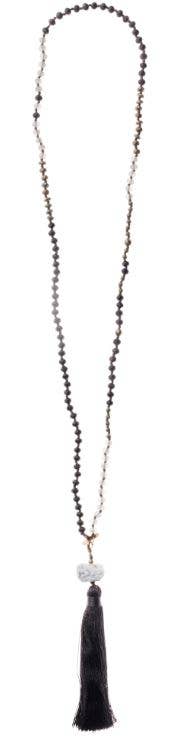 Necklace - Hand-Knotted Stone, Crystal & Tassel - Black