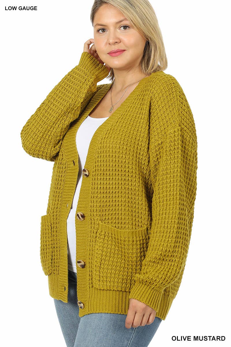 Waffle Cardigan (Plus Size) - Olive Mustard