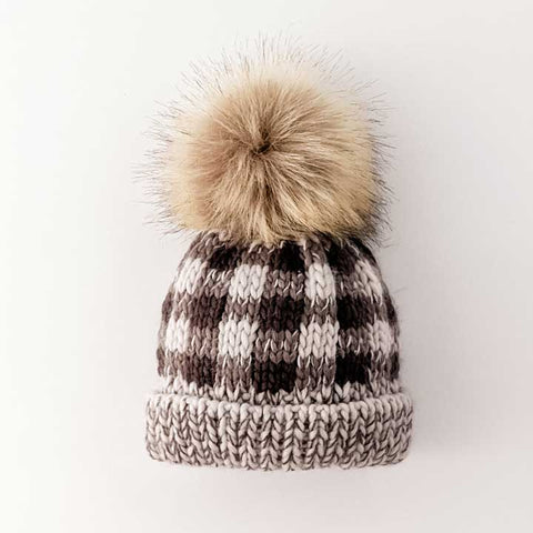 Hat (Knit Beanie) - Grey Buffalo Check Pompom