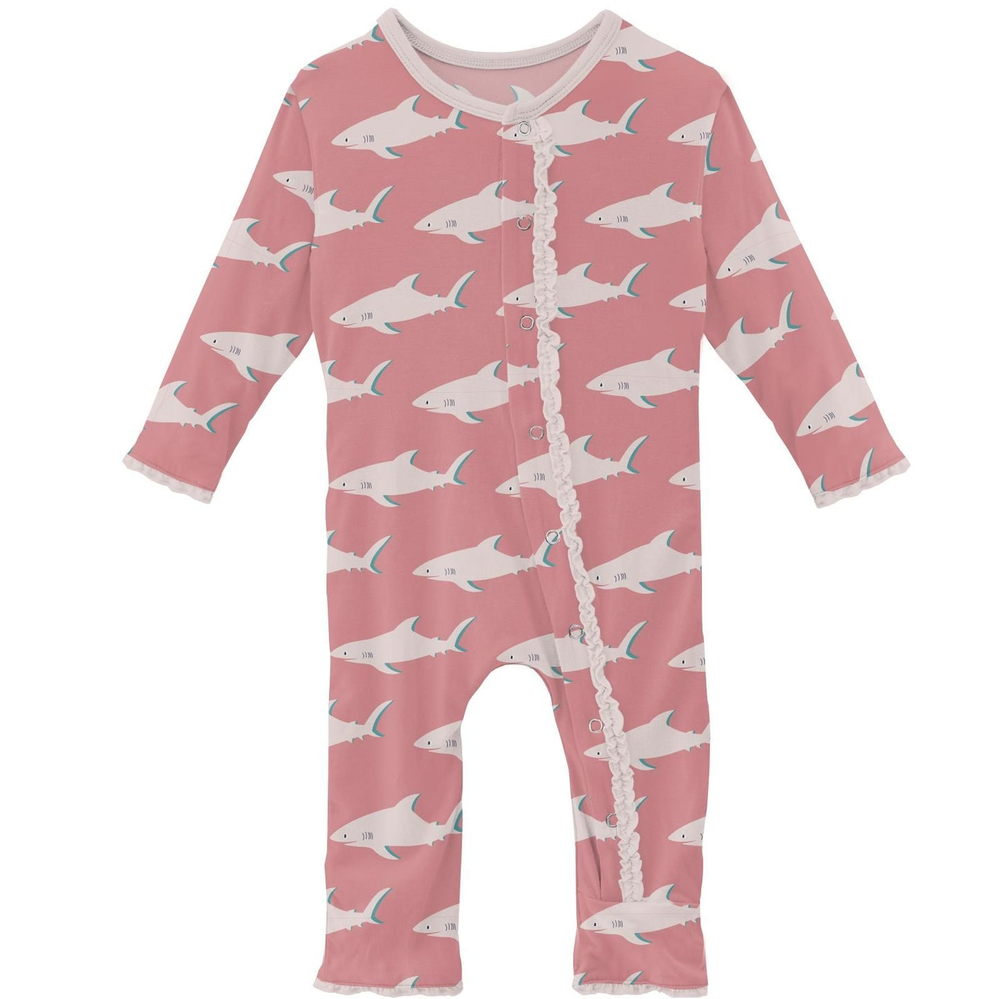 Coverall with Muffin Ruffles (Snaps/Zipper) - Strawberry Sharky
