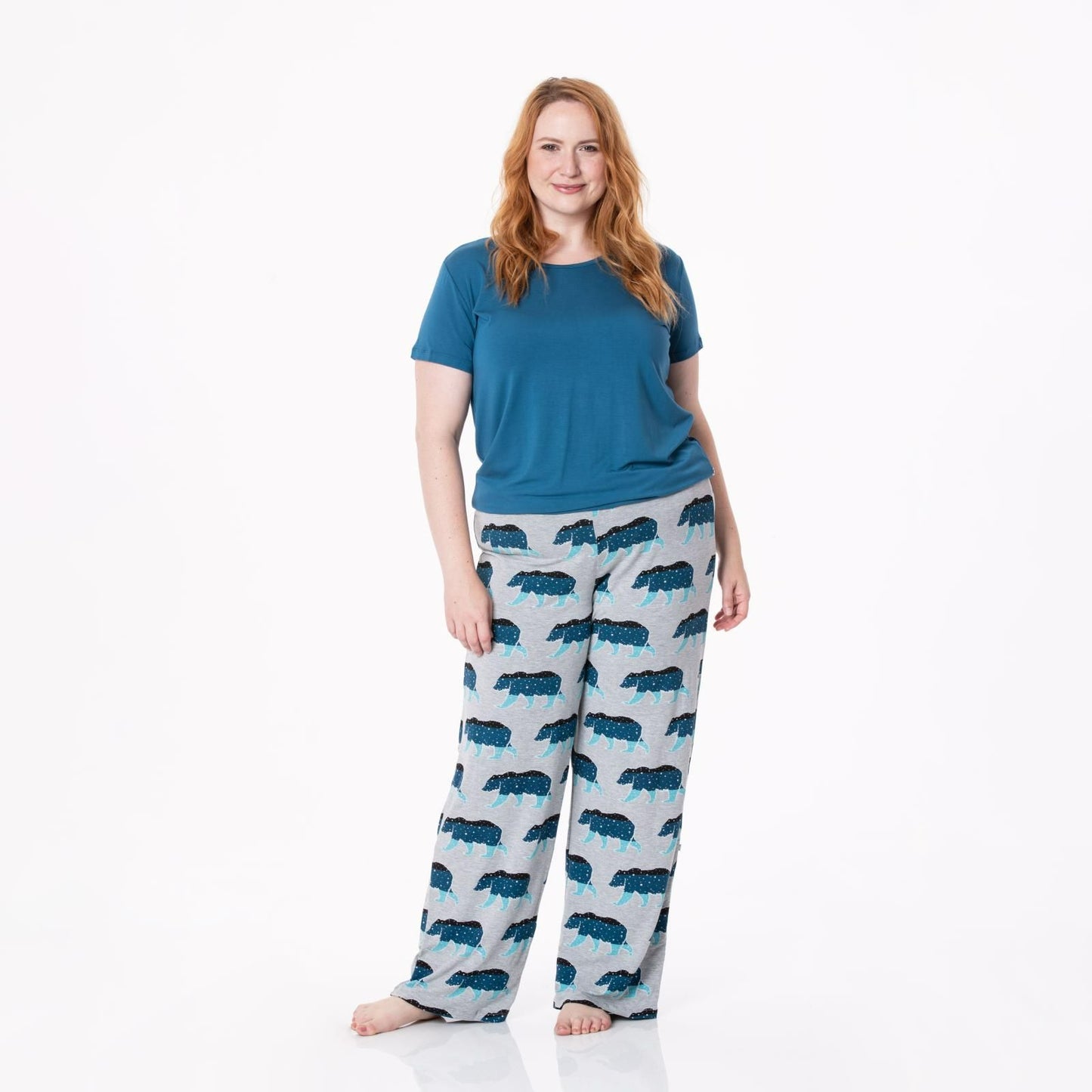 Last One - Size 3XL: Women's Loosey Goosey Pajama Set (Short Sleeve) - Heather Mist Night Sky Bear