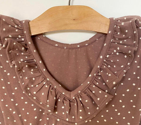 Jersey V Back Ruffle Dress (Long Sleeve) - Mauve Dots