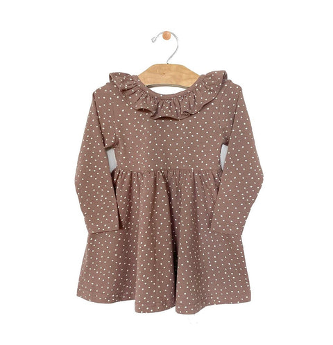 Jersey V Back Ruffle Dress (Long Sleeve) - Mauve Dots