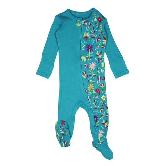 Footie (Zipper) - Teal Floral Embroidered