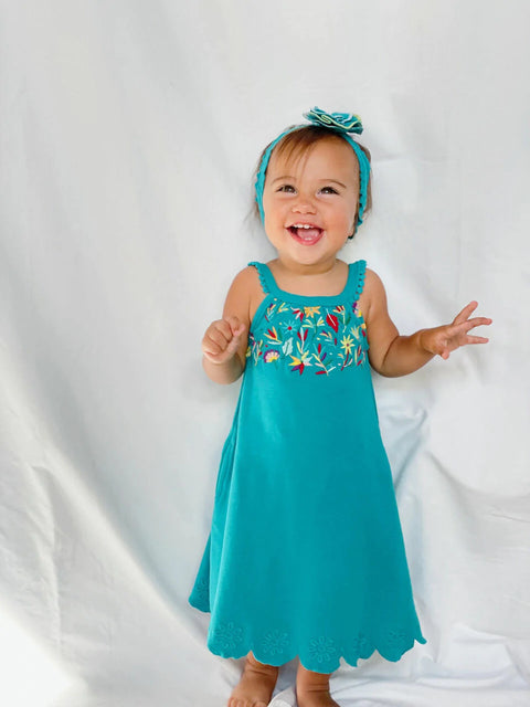 Vestido Twirl (Bolsillos) - Bordado floral verde azulado