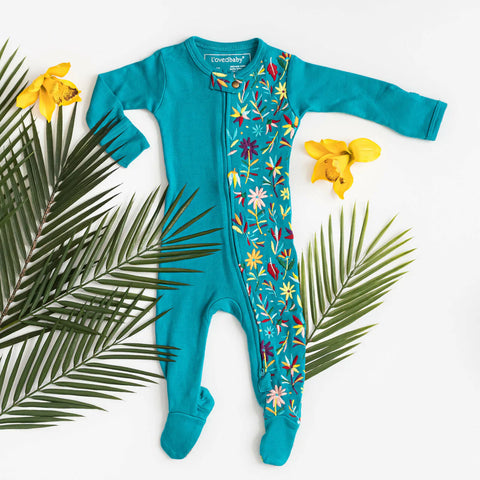 Footie (cremallera) - Bordado floral verde azulado