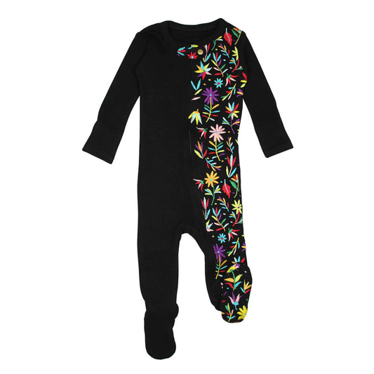 Footie (Zipper) - Black Floral Embroidered
