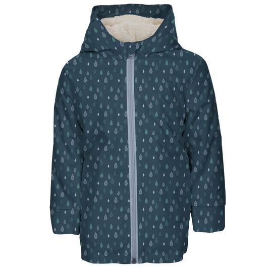 Last One - Size 2T: Rain Jacket with Sherpa Lining - Peacock Raindrops
