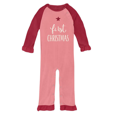 Raglan Romper with Ruffles - Strawberry First Christmas