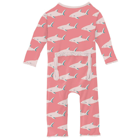 Coverall with Muffin Ruffles (Snaps/Zipper) - Strawberry Sharky