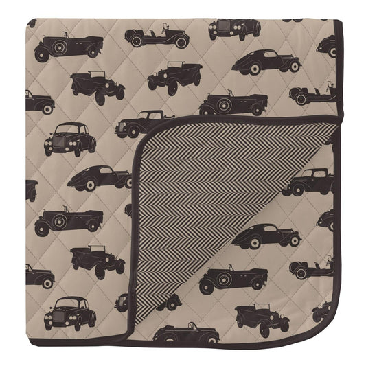 Quilted Toddler Blanket - Burlap Vintage Cars + Herringbone