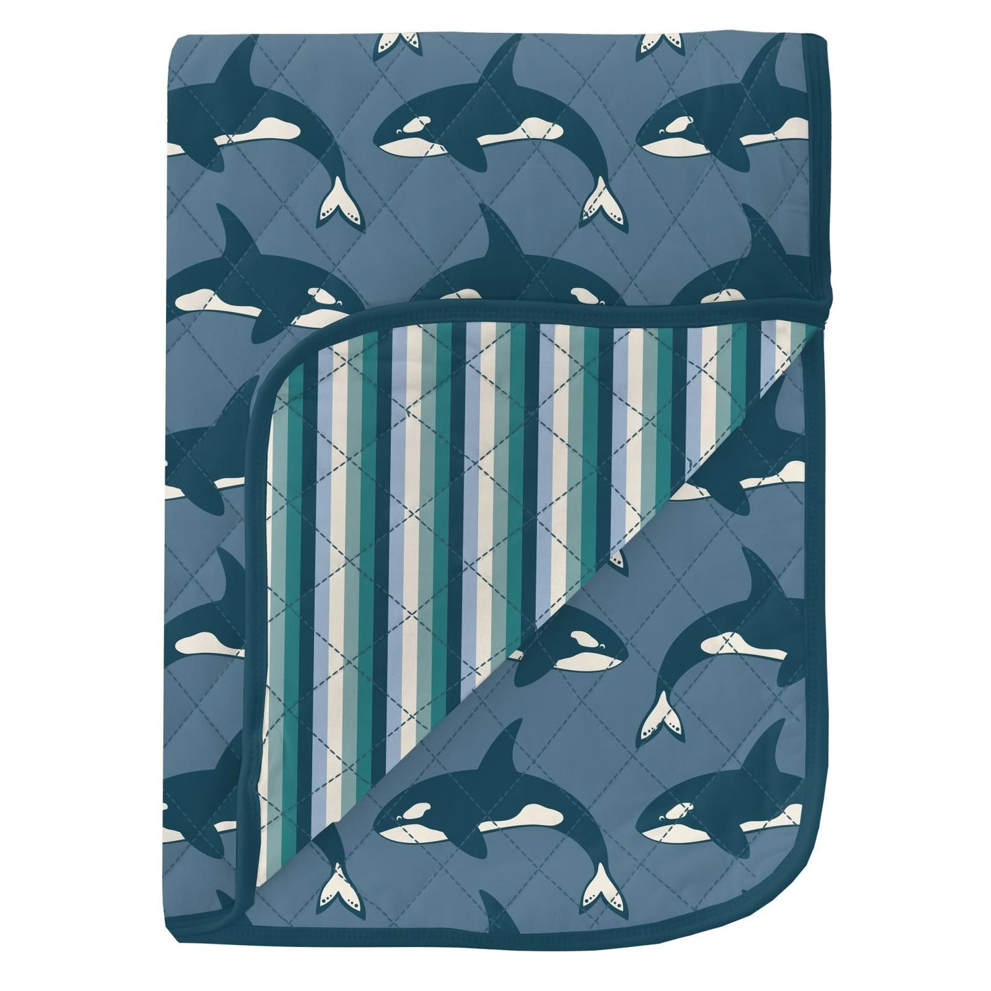 Quilted Stroller Blanket - Parisian Blue Orca + Dino Stripe