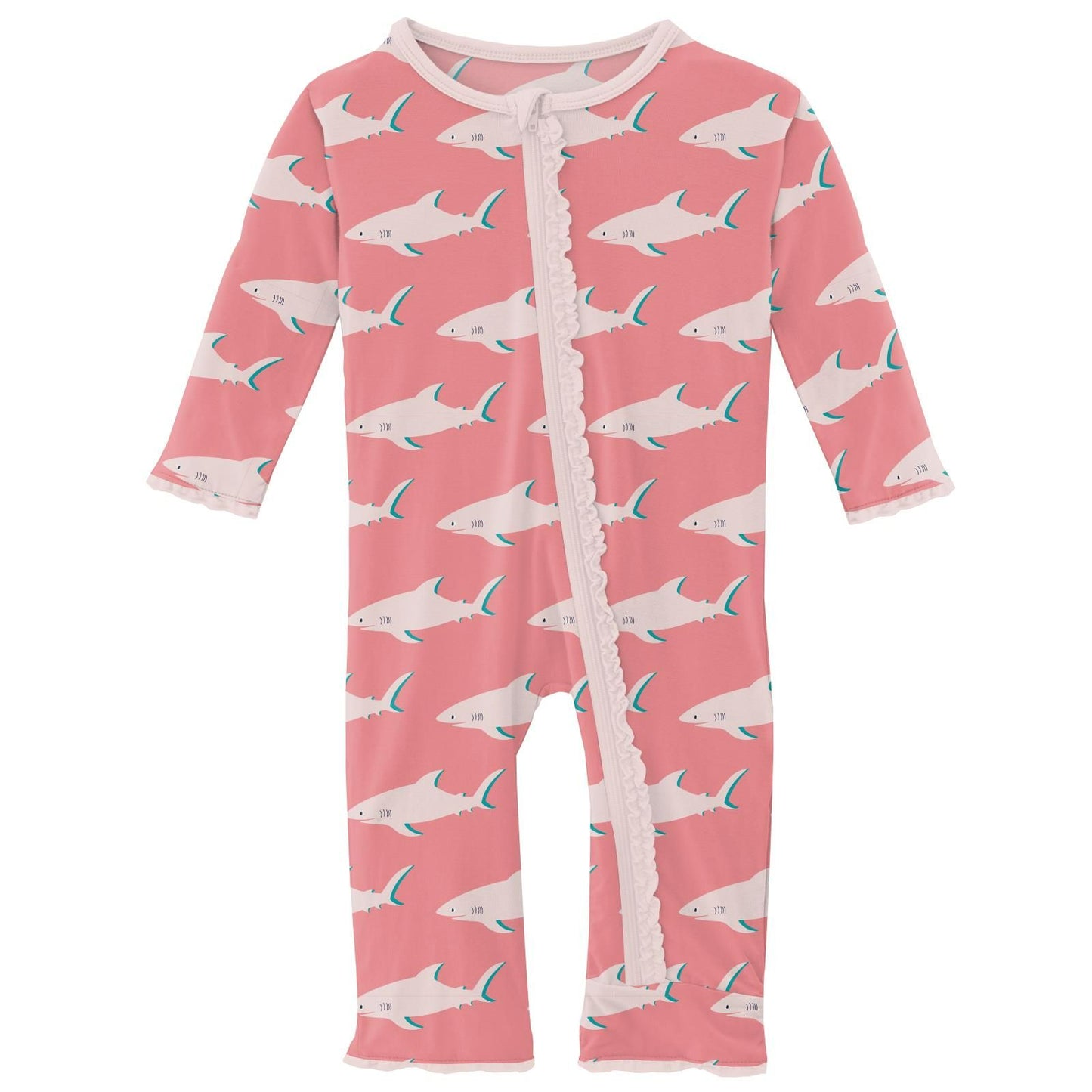 Coverall with Muffin Ruffles (Snaps/Zipper) - Strawberry Sharky